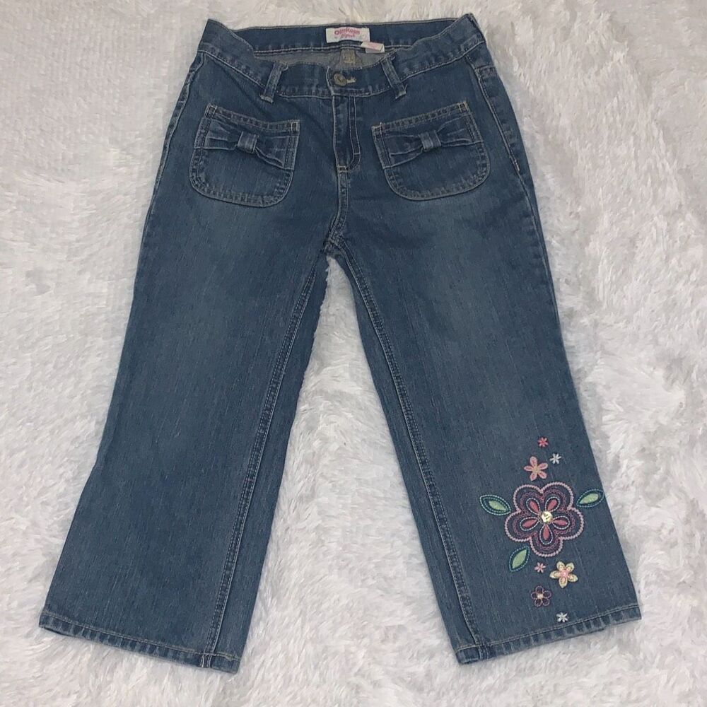 Vintage OSHKOSH Floral Embroidered‎ Denim Jeans Girl12 Blue Cropped